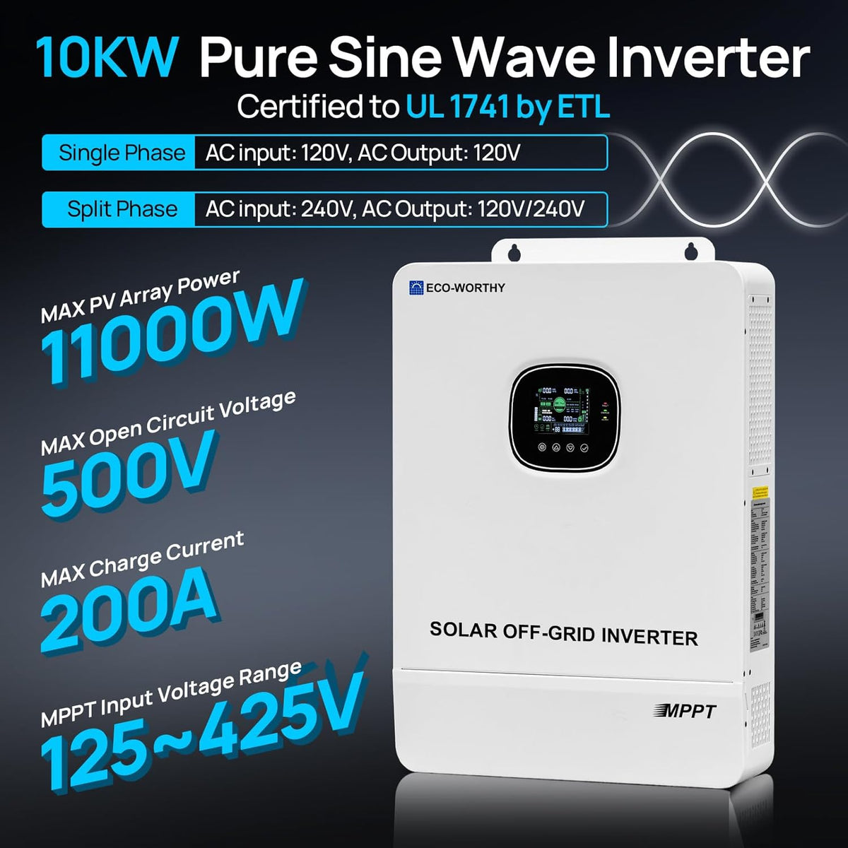 ECO-WORTHY Kit completo de panel solar fuera de la red de salida de 10000 W para el hogar | 10KW 120V/240V Salida inversor de fase dividida | 48V 314Ah16.1kWh Almacenamiento de energía de alta capacidad | Panel solar fotovoltaico de 4720 vatios