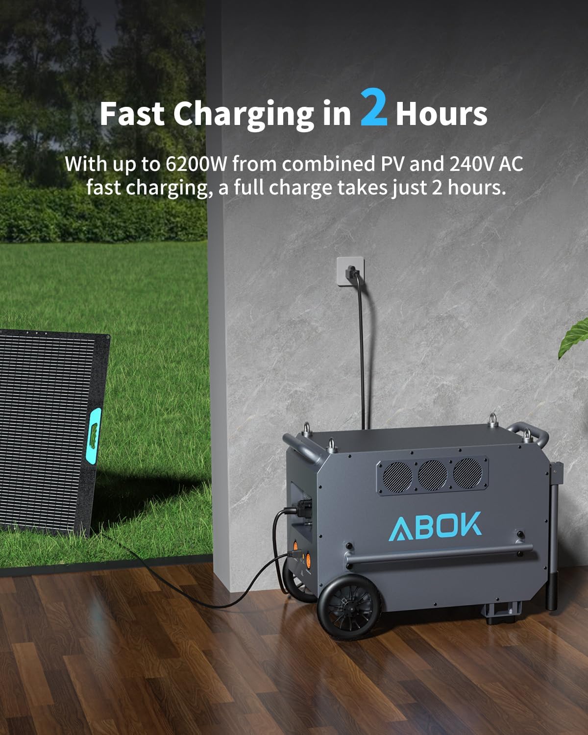 ABOK Ark7200 - Estación de energía portátil + 2 paneles solares de 200 W, salida de CA de 120/240 V 7200 W, batería doméstica LiFePO4 de 9792 Wh, generador solar para operación forestal, sitio de