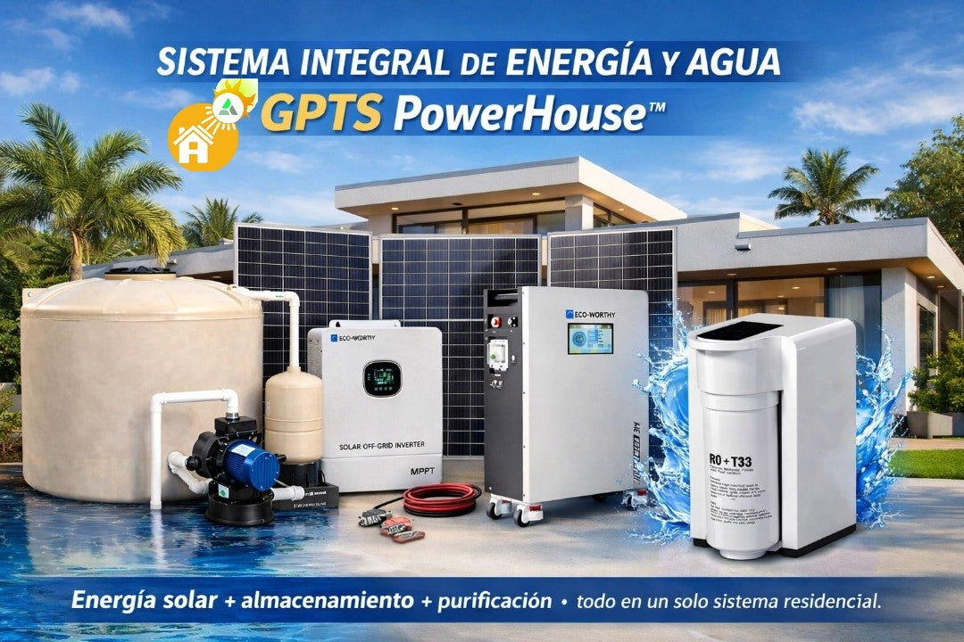 GPTS PowerHouse · Sistema Solar Autoconsumo 10 kW + 4.72 kW PV · Batería LFP 16.1 kWh · Incluye Sistema Avanzado de Almacenamiento y Filtración de Agua™